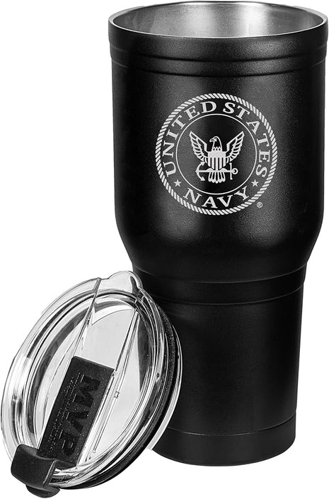 Military Gift Shop US Navy Black Double Wall Vacuum Insulated Stainless Steel Tumbler, Coffee Mug | Disabled Vet Owned Business | Navy 30oz Tumbler