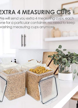 Vtopmart 4 PCS Large Food Storage Containers 5.2L / 175oz, 4 Pieces BPA Free Plastic Airtight Canisters for Flour, Sugar, Baking Supplies, Rice with Lids, 4 Measuring Cups and 24 Labels, Black