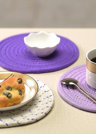 Pot Holders Set Trivets Set 100% Pure Cotton Thread Weave Hot Pot Holders Set (Set of 3) Stylish Coasters, Hot Pads, Hot Mats, Spoon Rest For Cooking and Baking by Diameter 7 Inches (Purple)