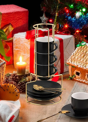 Lareina 3-Ounce Espresso Cups Set of 4, Small Stackable Coffee Cups with Saucers, Spoons and Metal Stand, Ceramic Demitasse Mugs, Espresso Accessories for Machine, Black