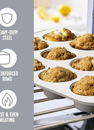 GreenLife 12-Cup Muffin Pan, PFAS-Free Healthy Nonstick Baking Tray, 11.4" x 1.9" x 15.9", Durable Ceramic Bakeware, Cupcakes, Egg Bites, Tarts, Brownies, Gray
