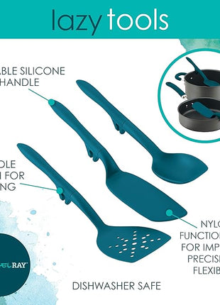 Rachael Ray Tools and Gadgets Spoon, Slotted and Solid Turners Set/ Cooking Utensils - 3 Piece, Teal Blue