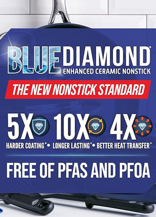 Blue Diamond 9 Piece Nonstick Cookware Set, Diamond Ceramic Pots & Pans, Dishwasher & Metal Utensil Safe, Non Toxic PFAS-Free, Kitchen Cooking Sauce & Saute Pans, Oven & Broiler to 600F, Blue