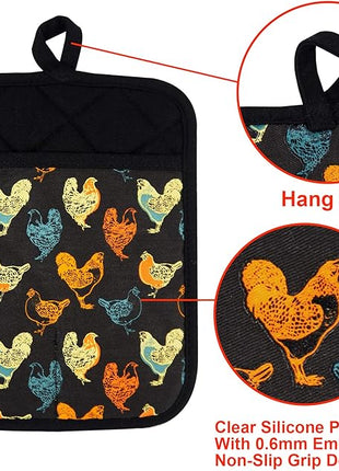 Pot Holders Set of 2 Heat Resistant 480 ℉Non Slip Clear Silicone Printed Comfortable Cotton Lining Kitchen Women Men Cooking Baking Microwave Machine Washable (Rooster, Black Potholders)