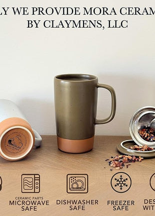 Mora Ceramics Large Tea Mug with Loose Leaf Infuser and Ceramic Lid, 18 oz, Portable, Microwave and Dishwasher Safe, Tall Coffee Cup - Rustic Matte Ceramic Glaze, Modern Herbal Tea Strainer, Olive
