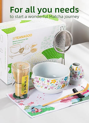 TEANAGOO Matcha Whisk Set,7 Pcs Matcha Set White,Ceremony Matcha Kit,Matcha Tea Set for Making Latte,Ceramic Bowl(chawan) whith Spout and Whisk,Gift for Matcha Lovers