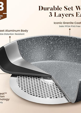 Kitchen Academy Granite Nonstick Cookware Set - 17 Piece Gray Cooking Pans Set, Induction Pots and Pans Set Non Stick, PFOA & PFOS Free.