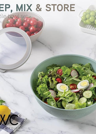 COOK WITH COLOR Mixing Bowls with Lids - 12 Piece Plastic Nesting Bowls Set includes 6 Prep Bowls and 6 Lids, Rhombus Design - Microwave Safe (Mint)