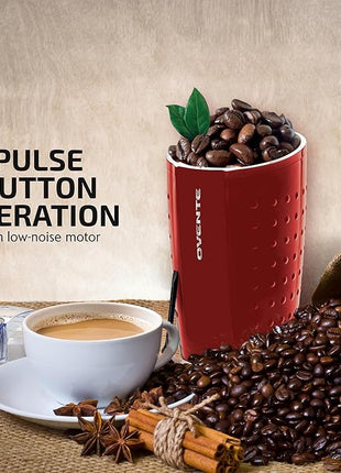 OVENTE Electric Coffee Grinder - Small Portable & Compact Grinding Mill with Stainless Blade for Bean Spices Herb and Tea, Perfect for Home & Kitchen - Maroon CG225M