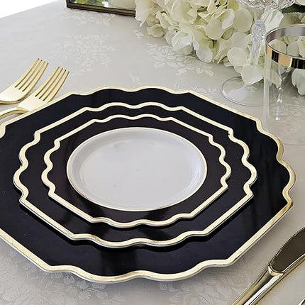 " OCCASIONS " 50 Plates Pack (25 Guests)-Heavyweight Wedding Party Disposable Plastic Plate Set -(25x10.5'' Dinner + 25x8'' Salad/dessert (Imperial in Black & Gold)