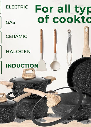 JUST PERFECTO Kitchen Pots and Pans Set with Lids Non Stick Induction Cookware Set Nonstick Frying Pans Set 14 Pcs Healthy Cooking Pots without PTFE and PFOA – Gray