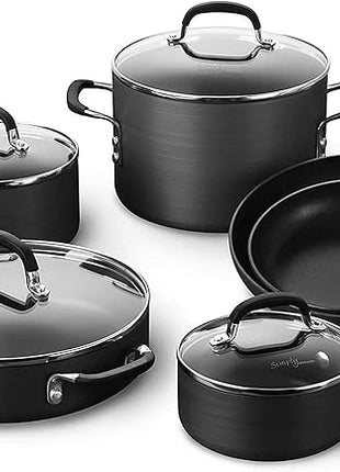Calphalon 10-Piece Non-Stick Kitchen Cookware Set Black Pots & Pans with Stay-Cool Stainless Steel Handles Hard-Anodized Aluminum for Even Heating