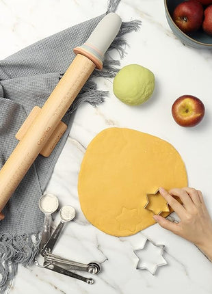 Geesta Adjustable Wood Rolling Pin with 5 Thickness Rings, Precise Dough Roller Handle Press Design with Measurement Guide for Fondant, Pizza, Pie Crust, Cookie, Pastry Baking Decorating Accessories