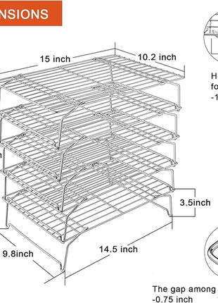 P&P CHEF Cooling Rack, 5-Tier Stainless Steel Stackable Baking Cooking Racks for Cooling Roasting Grilling, Collapsible & Heavy Duty, Oven Safe & Easy Clean, 15" x 10", Silver