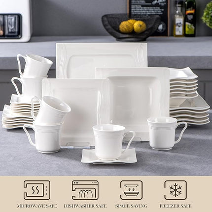 MALACASA 30 Pieces Dinnerware Sets, Modern Ivory White Plates and Bowls Sets for 6, Porcelain Dish Set with Dinner Plate, Dessert Plate, Soup Plate, Cup and Saucer, Square Dishware Set, Series Mario