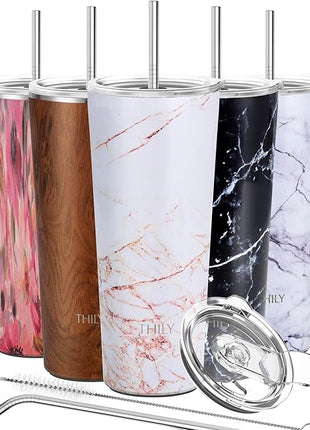 THILY Stainless Steel Vacuum Insulated Tumbler Travel Mug 26 oz Coffee Cup with 2 Lids and Straws, Splash Proof, Keep Ice Drinks Cold, Gold Marble