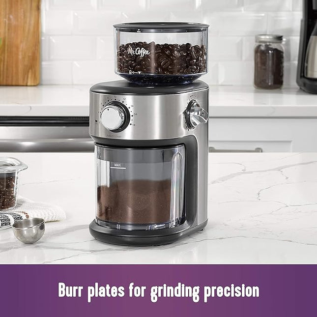 Mr. Coffee Burr Coffee Grinder Automatic Grinder with 18 Presets for French Press Drip and Espresso 18-Cup Capacity Stainless Steel