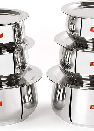 Sumeet Stainless Steel Belly Shape 6 Pc Tope/Cookware/Pot Set with Lid 380ML, 500ML, 780ML, 1.1Ltr, 1.4Ltr, 1.75Ltr (Silver)