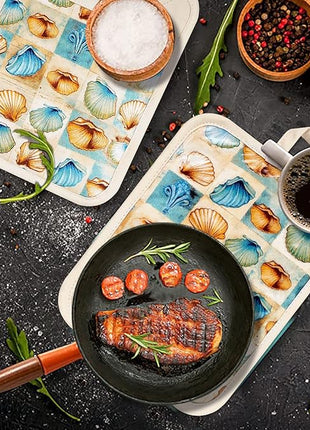 Pot Holders Set of 2 Heat Resistant 480 ℉Non Slip Clear Silicone Printed Comfortable Cotton Lining Kitchen Women Men Cooking Baking Microwave Machine Washable (Shell, Beige potholders)