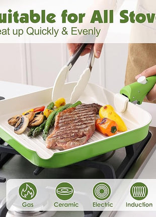 SENSARTE 17 Piece Ceramic Pots and Pans Set, Nonstick Detachable Handle Cookware, Induction Kitchen Cookware Set with Removable Handle, Dishwasher ＆ Oven Safe (Green)