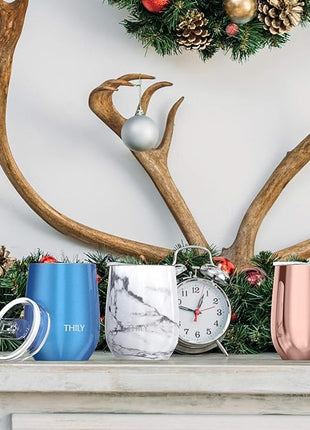 THILY Stainless Steel Stemless Wine Tumbler 4 Pack Vacuum Insulated Travel Wine Glasses Set with Sliding Lids and Straws, Keep Cold for Juice, Cocktails, Beer, Party, Christmas Gift, White Marble