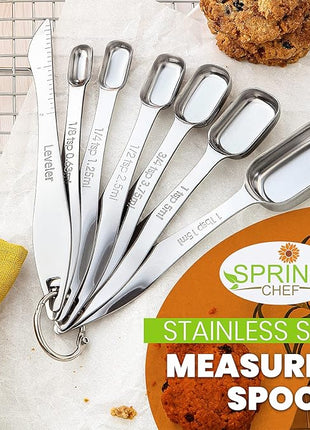 Spring Chef Stainless Steel Measuring Spoons Set of 7 with Leveler, Rectangular Metal Teaspoon & Tablespoon Measuring Spoons for Dry & Liquid Ingredients - Nesting Kitchen Gadgets For Baking & Cooking