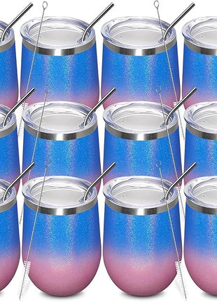 MEWAY 12oz/12 Pack Wine Tumbler Glasses with Lid - Stemless Double Wall Vacuum Stainless Steel Glitter Tumbler - Keeping Cold & Hot Cup for Coffee,for Women(Gradient Pink,Set of 12)