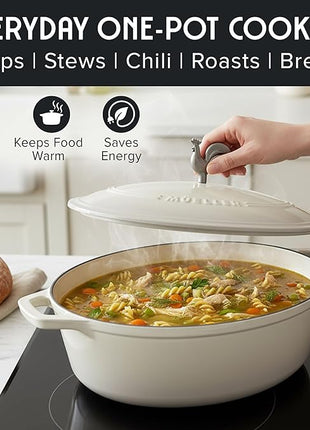 MUELLER HOME 5.5 Quart Enameled Cast Iron Oval Dutch Oven with Rooster Knob & Cotton Potholders, Heavy-Duty Cookware, Oven-Safe up to 500° F & Across All Cooktops, Gifts for Grandma & Women, White