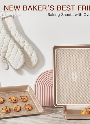 HONGBAKE 3 Pack Gold Nonstick Baking Sheet Pan Set with Oven Mitts Heat Resistant, Non-Toxic Half/Quarter/Jelly Roll Pans with Diamond Texture Pattern, Heavy Duty 0.8mm Thick Cookie Trays for Cooking