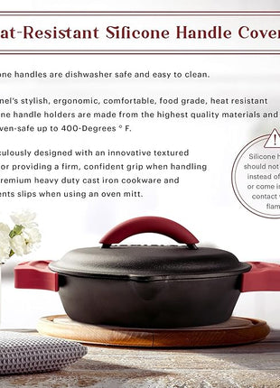 Cast Iron Skillet + Cast Iron Lid Set - 8"+10"+12" Dual Handle Frying Pans + Pan Scraper + Silicone Handle Holder Covers - Pre-Seasoned Indoor/Outdoor, Grill, Stovetop, Induction, Oven Safe Cookware