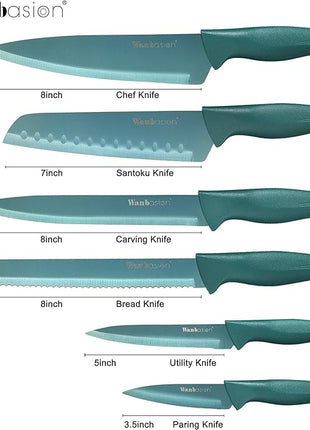Wanbasion Green Professional Kitchen Knife Set, Stainless Steel, Dishwasher Safe with Sheathes