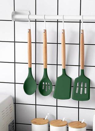 Country Kitchen Non Stick Silicone Utensil Set with Rounded Wood Handles for Cooking and Baking, 14 Piece Set, Green