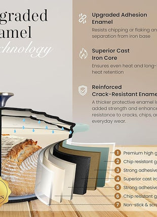 Nuovva Enamelled Cast Iron Dutch Oven Pot with Lid 6.4 Quart Non Stick Casserole Pot – Heavy Duty & Oven Safe up to 500° F for Bread Baking, Braising, Stews, Roasting – 28cm Sea Salt