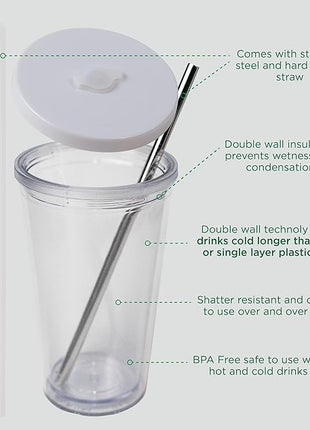 Reusable Iced Coffee Cup (24 Oz/Venti), Leak Proof and Double Wall Insulated Iced Coffee Tumbler, Come with Reusable Plastic and Metal Straws and Straw Cleaner - White
