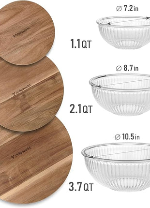 Set of 3 Stackable Space-Saving Nesting Glass Salad Bowls with Acacia Lids for Foodprep, Storage, Baking, Mixing & Cooking - Microwave Safe Durable Inert Borosilicate Glass