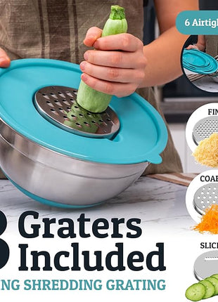 Priority Chef 6Pc Large Mixing Bowls With Lids Set with Non-Slip Bases, Stainless Steel Mixing Bowl Set, 6 Airtight Lids and 3 Graters, Turquoise