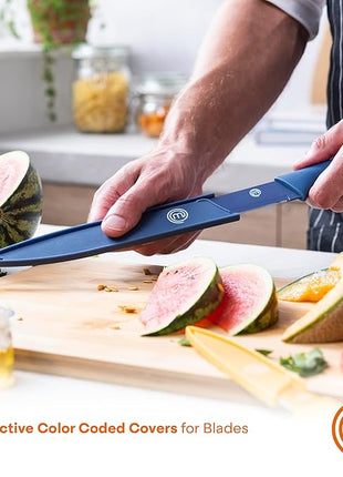MasterChef Kitchen Knife Set with Covers incl. Paring, Boning, Carving, Bread, Santoku & Chef Knife, Sharp Cutting Stainless Steel Blades with Sheaths, 12 Piece (6 Colored Kitchen Knives & 6 Covers)