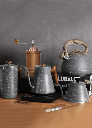 POLIVIAR Tea Kettle, 2.7 Quart Natural Stone Finish with Wood Pattern Handle Loud Whistle Food Grade Stainless Steel Teapot, Anti-Hot Handle and Anti-Rust, Suitable for All Heat Sources (JX2018-GR20)