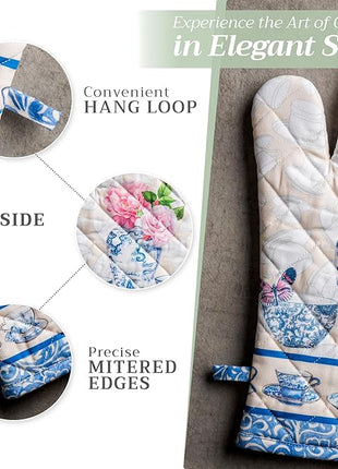 Maison d' Hermine 100% Cotton Oven Mitt & Pot Holder Set (7.5"x13" & 8"x8") Heat Resistant BBQ Cooking Gloves with Loop, Baking, Grilling, Kitchen, Handling Hot Pans Spring/Summer (Canton)