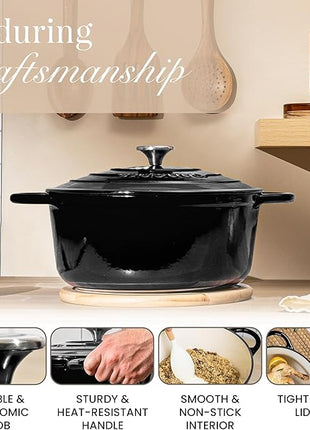 Nuovva Enamelled Cast Iron Dutch Oven Pot with Lid – 6.4 Quart Non Stick Casserole Pot – Heavy Duty & Oven Safe up to 500° F for Bread Baking, Braising, Stews, Roasting – 28cm Black