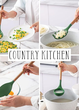 Country Kitchen Non Stick Silicone Utensil Set with Rounded Wood Handles for Cooking and Baking, 8 Piece Set, Green