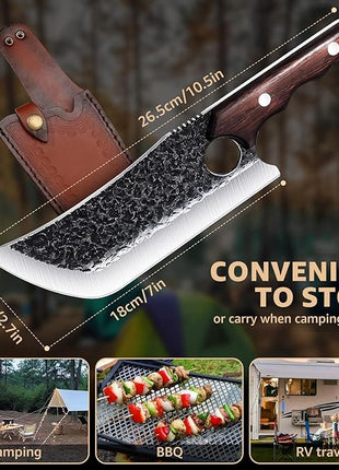 Hand Forged Meat Cleaver Knife Fathers Butcher Knives for Meat Cutting Full Tang Chef Knife with Belt Sheath and Gift Box High Carbon Steel for Kitchen or Camping, Gift for Dad