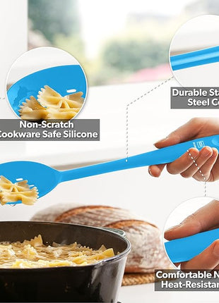 DI ORO Silicone Mixing & Serving Spoons - Large Heat-Resistant Non Stick Utensils Big Solid & Slotted Basting Spoons - Dishwasher Safe (2pc, Blue)