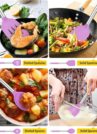 Pack of 4 Silicone Cooking Utensils Set, Non Stick Large Solid Spatulas, Heat Resistant Purple Slotted Spoons, Ideal BPA Free Kitchen Turners for Frying, Mixing,Serving,Draining,Turning,Stirring