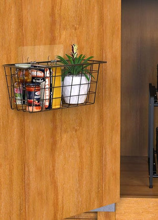 MaraFansie Hanging Kitchen Baskets Wire Storage Basket Over the Cabinet Door Organizer, No Drilling Adhesive Basket for Cabinet Pantry Organization and Kitchen, Bathroom, Storage, 2 Pack, Black