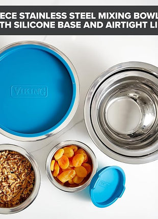 Viking Mixing Bowls Set, 10 Piece Stainless Steel Kitchen Cookware, Non-Slip Silicone Base, Includes Tight Fit Lids, Dishwasher Safe, Teal