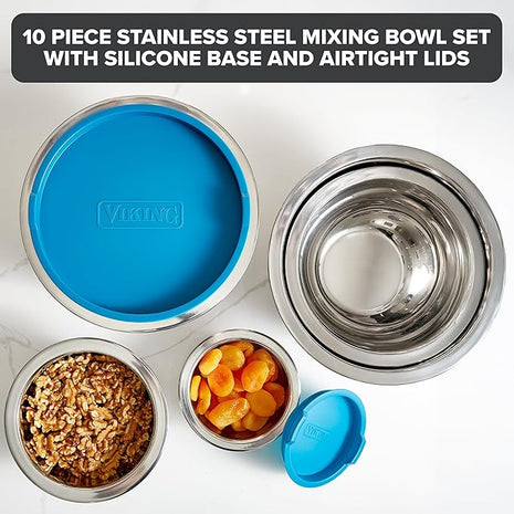 Viking Mixing Bowls Set, 10 Piece Stainless Steel Kitchen Cookware, Non-Slip Silicone Base, Includes Tight Fit Lids, Dishwasher Safe, Teal