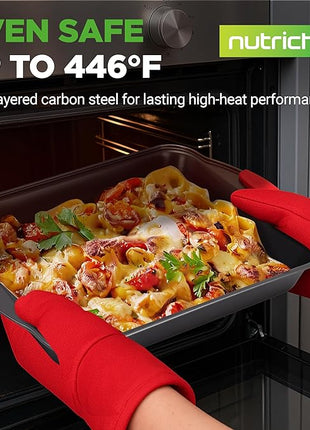 NutriChef Non-Stick Kitchen Oven Baking Pans-Deluxe & Stylish Nonstick Gray Coating Inside Outside, Commercial Grade Restaurant Quality Metal Bakeware with Red Silicone Handles NCSBS8S, 8 Piece Set