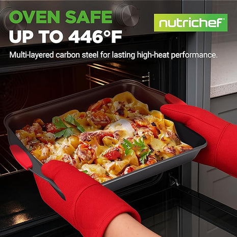 NutriChef Non-Stick Kitchen Oven Baking Pans-Deluxe & Stylish Nonstick Gray Coating Inside Outside, Commercial Grade Restaurant Quality Metal Bakeware with Red Silicone Handles NCSBS8S, 8 Piece Set