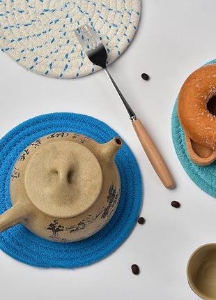 Kitchen Pot Holders Set Trivets Set 100% Pure Cotton Thread Weave Hot Pot Holders Set (Set of 3) Stylish Coasters, Hot Pads, Hot Mats, Spoon Rest for Cooking and Baking by Diameter 7 Inches (Blue)